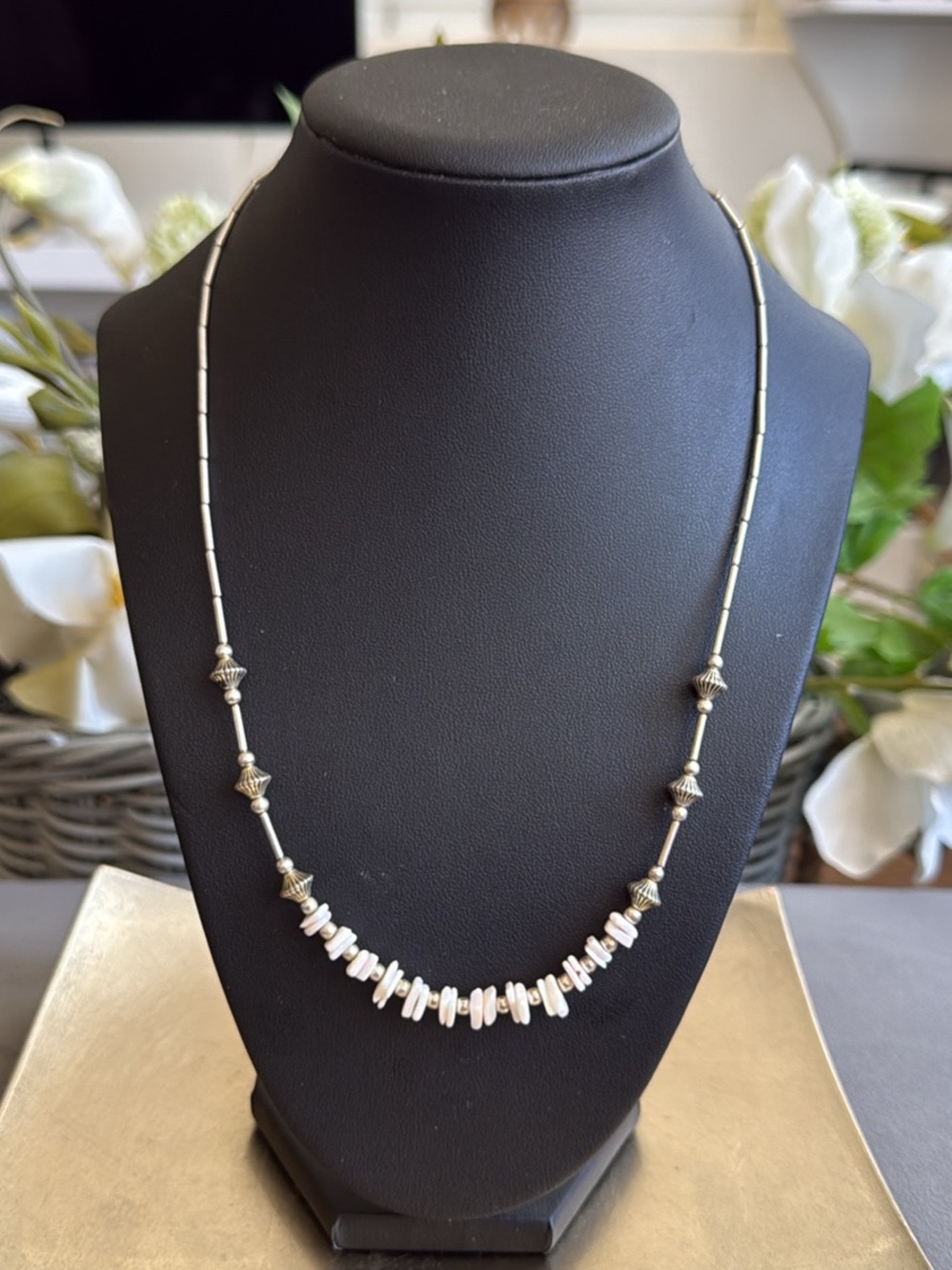 Native American Delicate White Shell Bead Necklace with Silver Accents